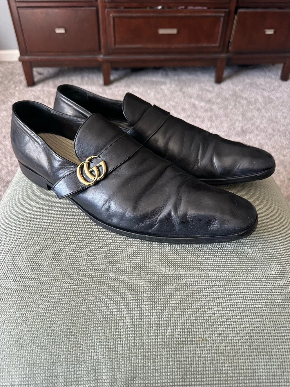 Gucci Black Leather Loafers with Gold Double G Hardware